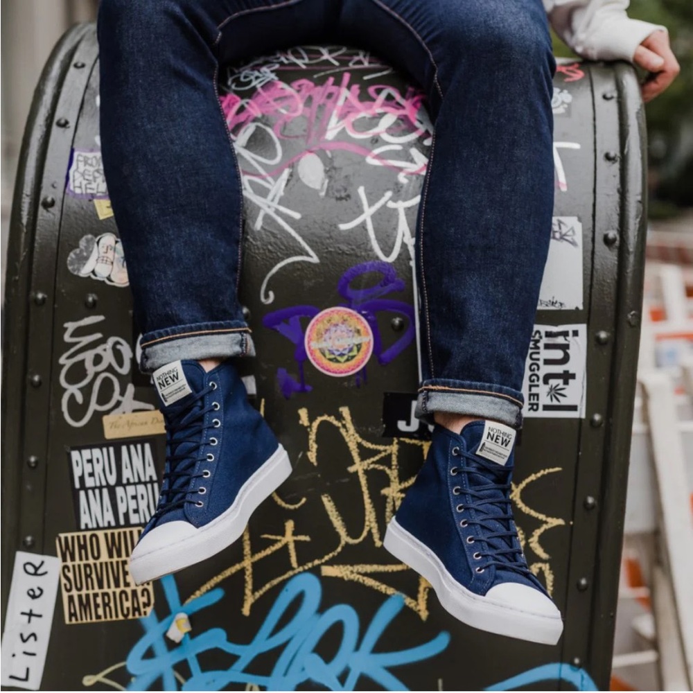 Nothing New Men’s Classic High Top Sneakers in Navy Blue x White, Size 10
